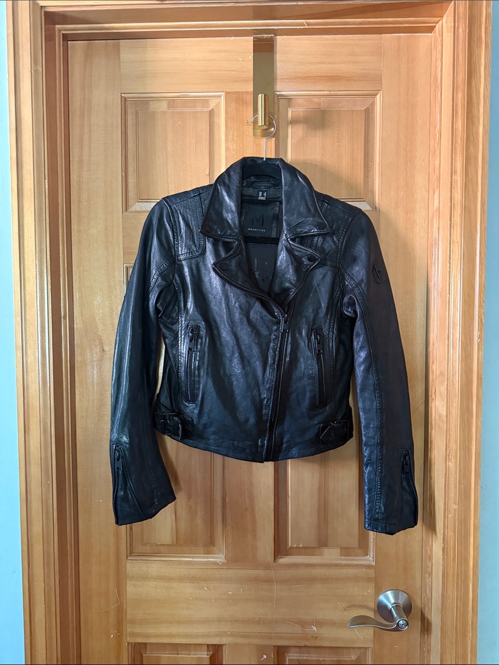 Women's Black Leather Biker Jacket - Mauritius